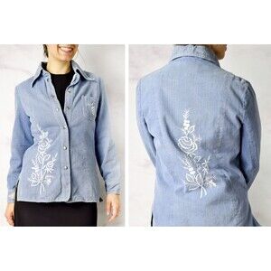 1970s Embroidered Denim Jacket Size Small - Medium 70s Snap Front Jean Jacket